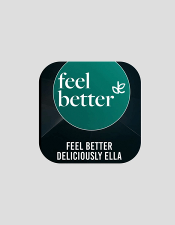 App icon for Feel Better Deliciously Ella, featuring a teal circle with "feel better" and a leaf logo on a dark background.