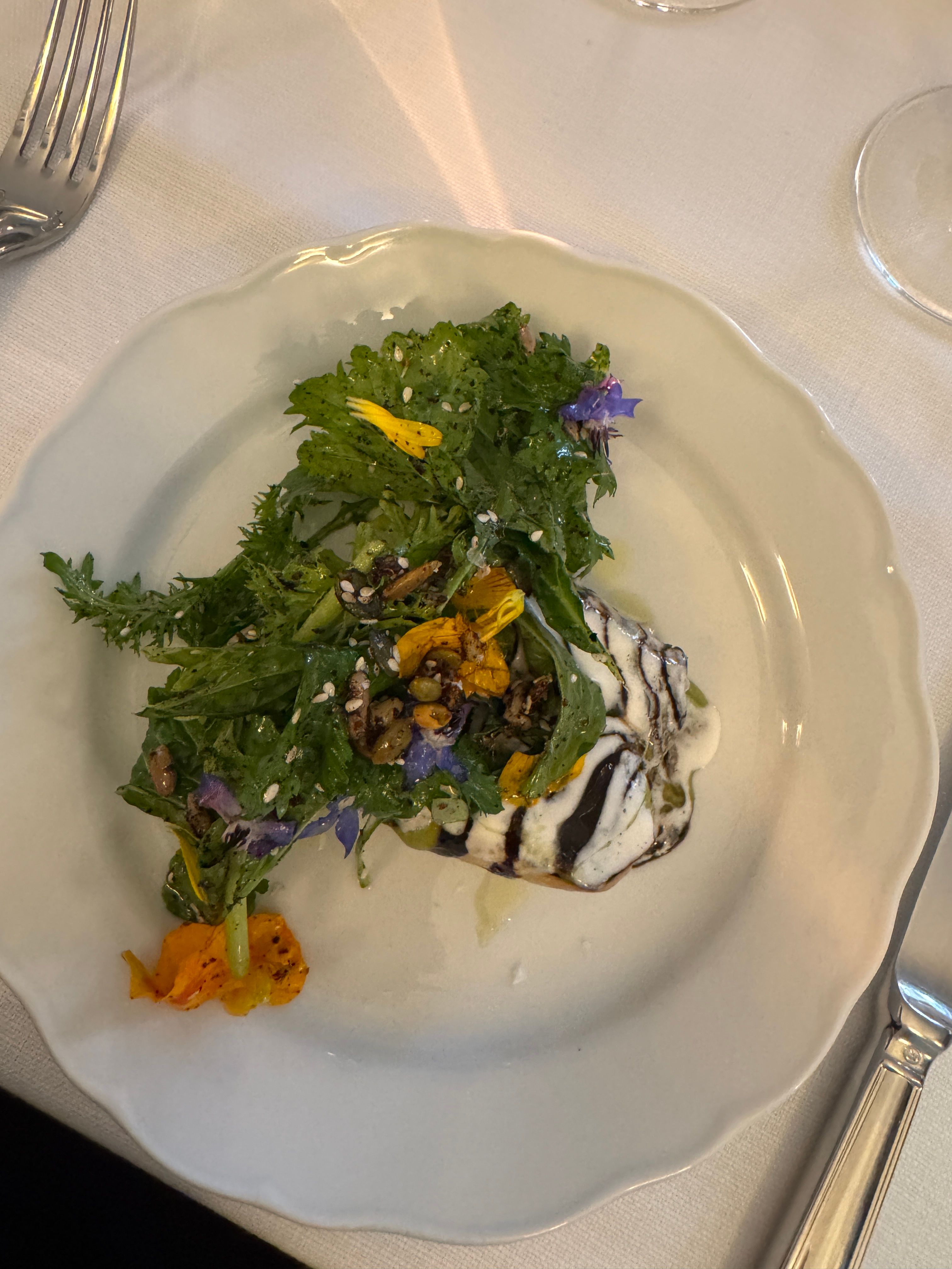 Gourmet salad on a white plate, with greens, edible flowers, seeds, and two sauces.