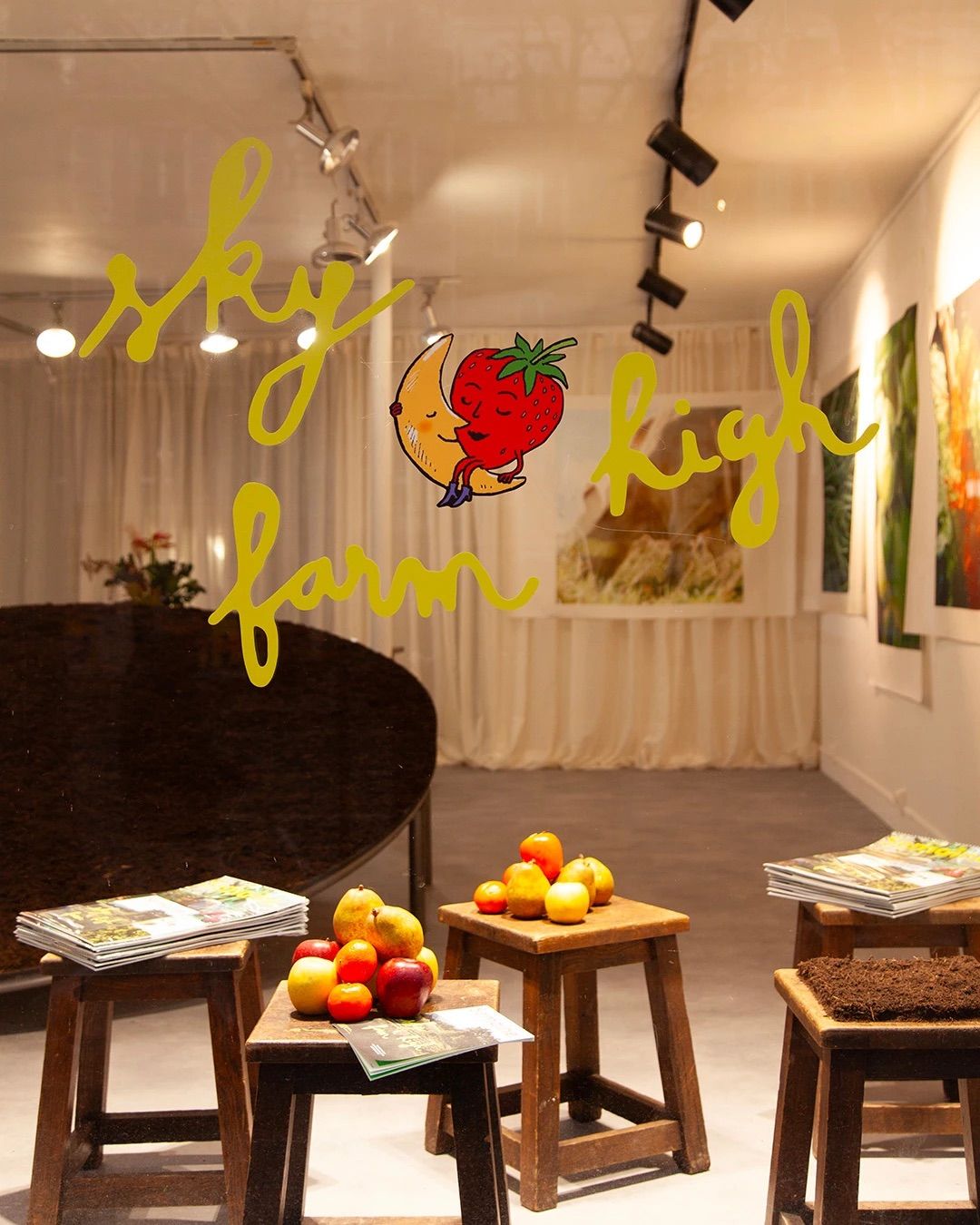 Shop window with "sky high farm" in yellow text and a cartoon moon hugging a strawberry, displaying fruit and magazines on wooden stools inside.