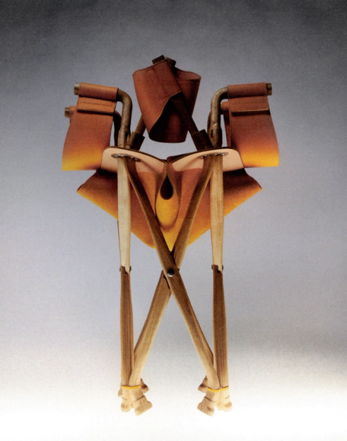 Unique folding chair with brown leather and light wood construction, featuring rolled top sections, a yellow fabric seat, and an X-shaped base.