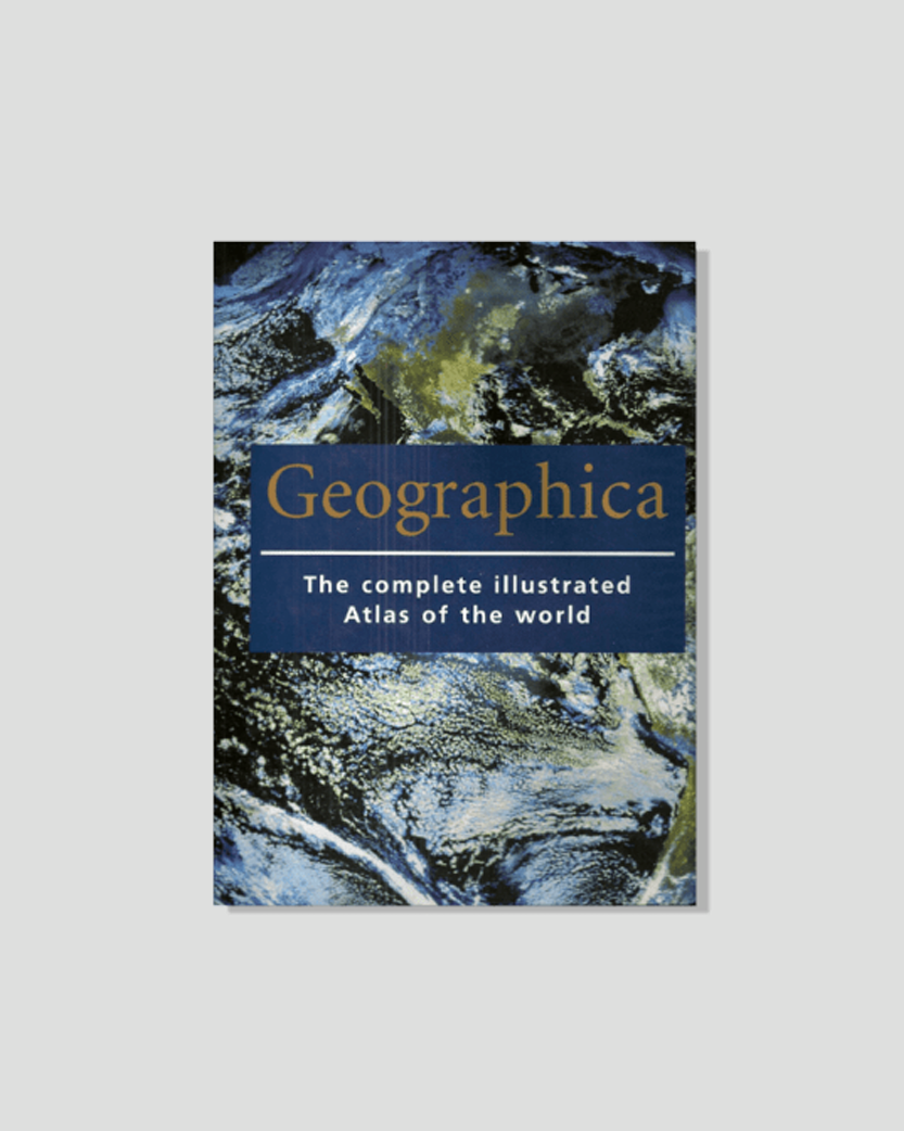 Book cover for "Geographica: The complete illustrated Atlas of the world" with an abstract blue and green satellite image background.