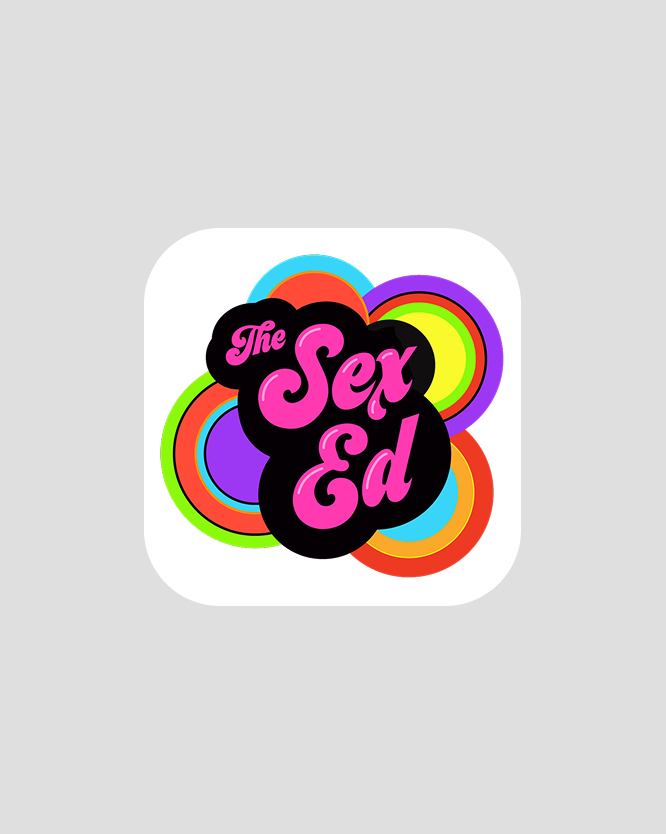App icon for "The Sex Ed" with pink bubbly text on a black cloud, backed by colorful concentric circles.