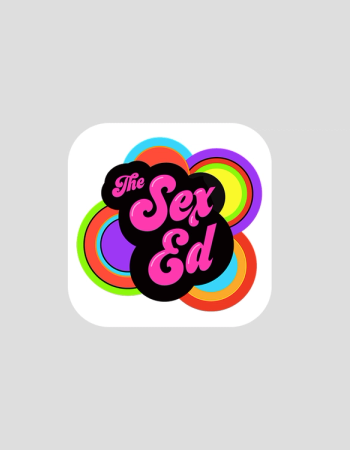 App icon for "The Sex Ed" with pink bubbly text on a black cloud, backed by colorful concentric circles.