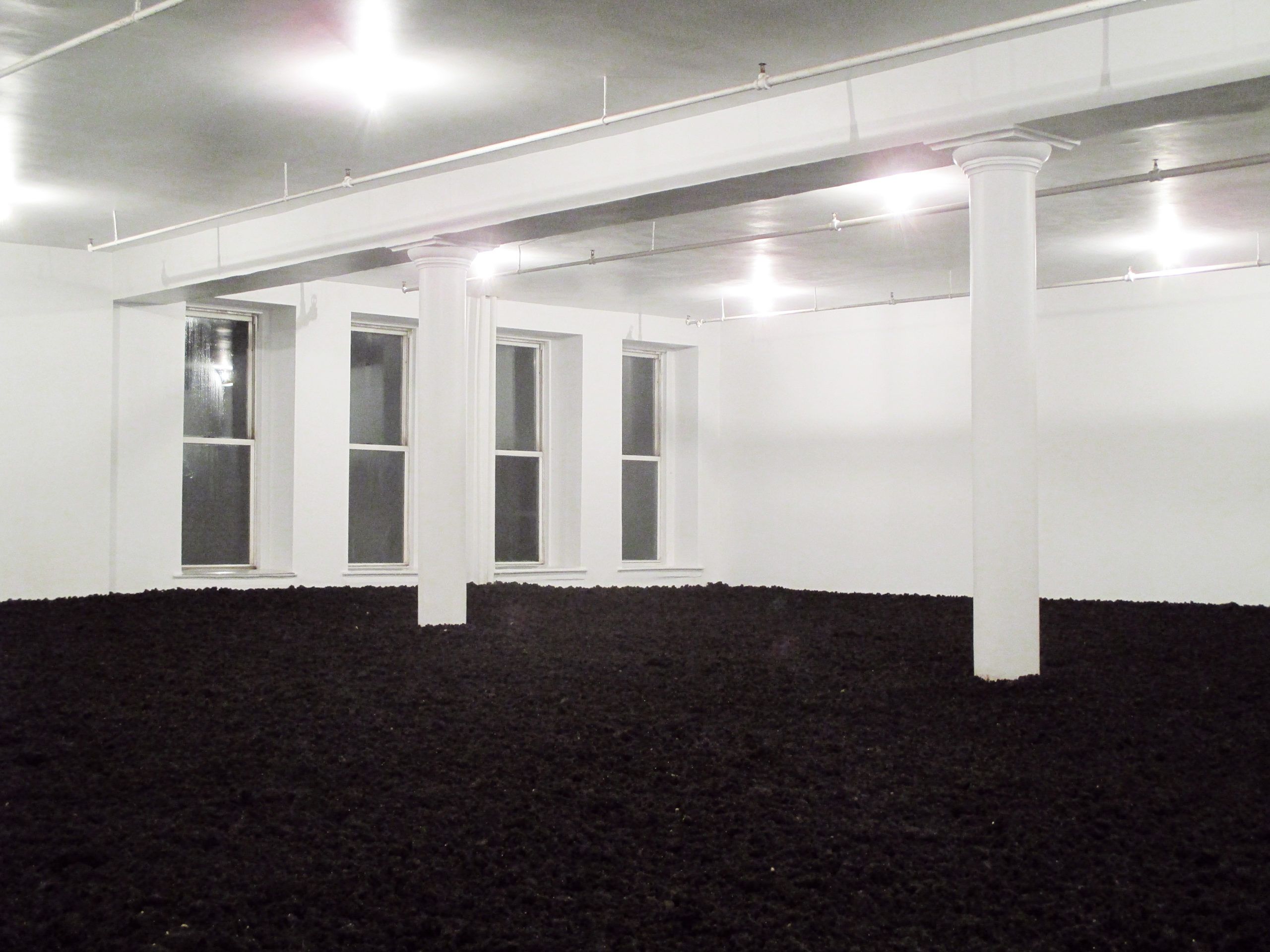 A white room with a floor covered in dark earth, white columns, and windows.