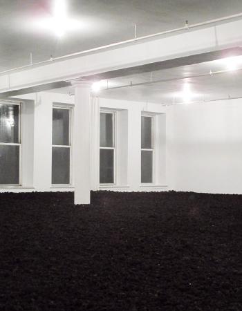 A white room with a floor covered in dark earth, white columns, and windows.
