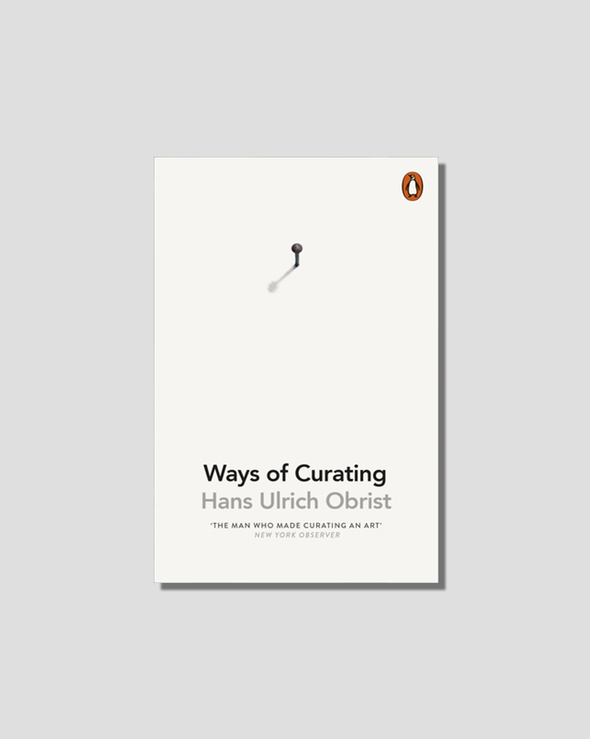 White book cover for "Ways of Curating" by Hans Ulrich Obrist, featuring a single nail and the Penguin logo.