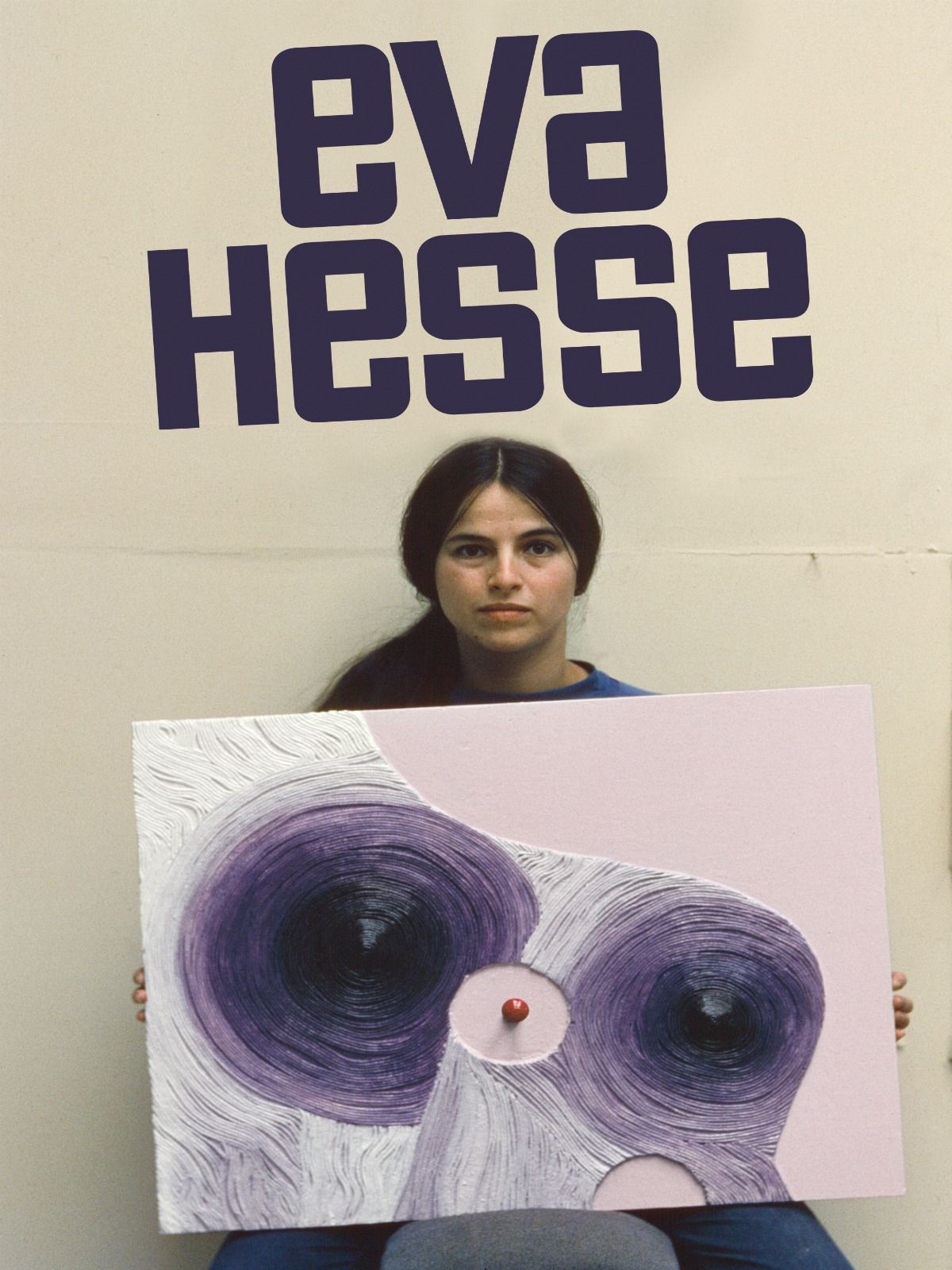 Artist Eva Hesse holds her abstract textured painting with purple swirls, with "eva hesse" text above.