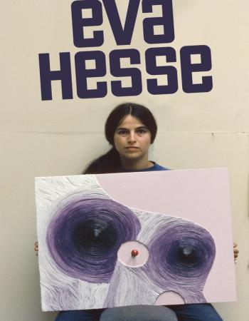 Artist Eva Hesse holds her abstract textured painting with purple swirls, with "eva hesse" text above.