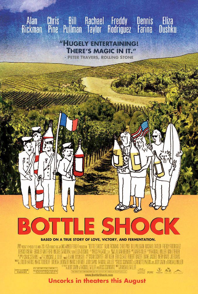 Movie poster for "Bottle Shock" shows cartoon French characters with red wine and flag facing American characters with white wine and flag in a vineyard. Cast includes Alan Rickman and Chris Pine.