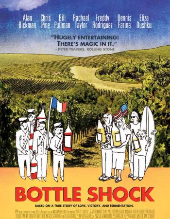 Movie poster for "Bottle Shock" shows cartoon French characters with red wine and flag facing American characters with white wine and flag in a vineyard. Cast includes Alan Rickman and Chris Pine.