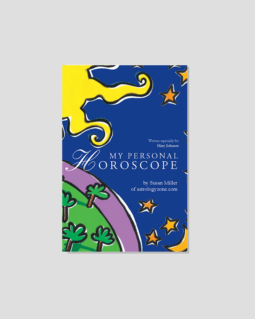 Book cover for "My Personal Horoscope" written for Mary Johnson by Susan Miller, featuring a stylized sun, moon, stars, and trees.