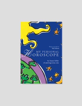 Book cover for "My Personal Horoscope" written for Mary Johnson by Susan Miller, featuring a stylized sun, moon, stars, and trees.
