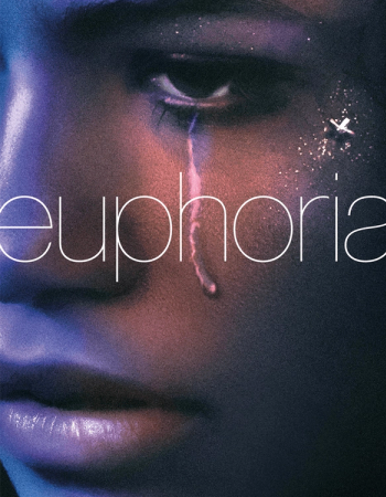 A close-up of a person's face with a glistening tear running from their eye, glitter makeup, under purple and pink light, with the word "euphoria."