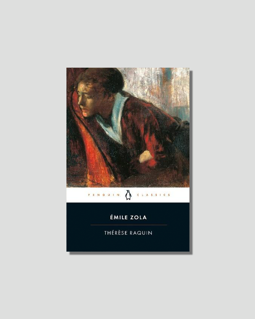Book cover for Émile Zola's Thérèse Raquin (Penguin Classics), featuring a painting of a woman with a tense expression, wearing a dark red garment.