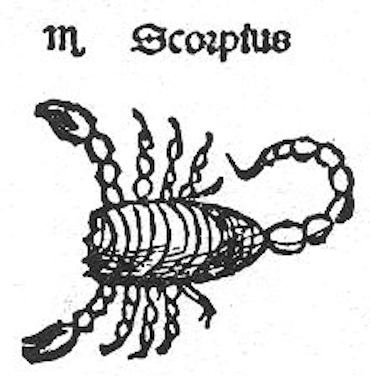 Black and white drawing of a scorpion and the text "m Scorpius".