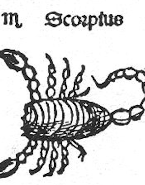 Black and white drawing of a scorpion and the text "m Scorpius".