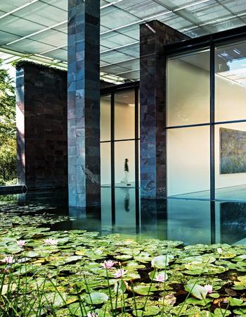 A pond filled with water lilies in the foreground, reflecting a modern art museum with large glass walls. Inside, people look at paintings and sculptures.