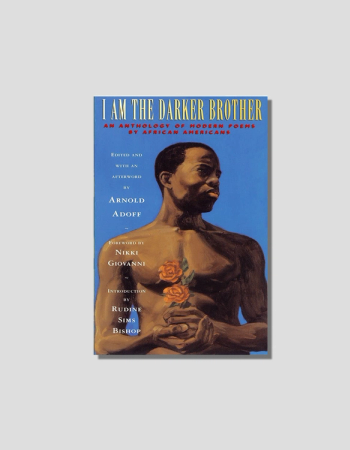 A book cover for "I Am The Darker Brother" features a painting of a shirtless Black man holding two orange roses against a blue sky.