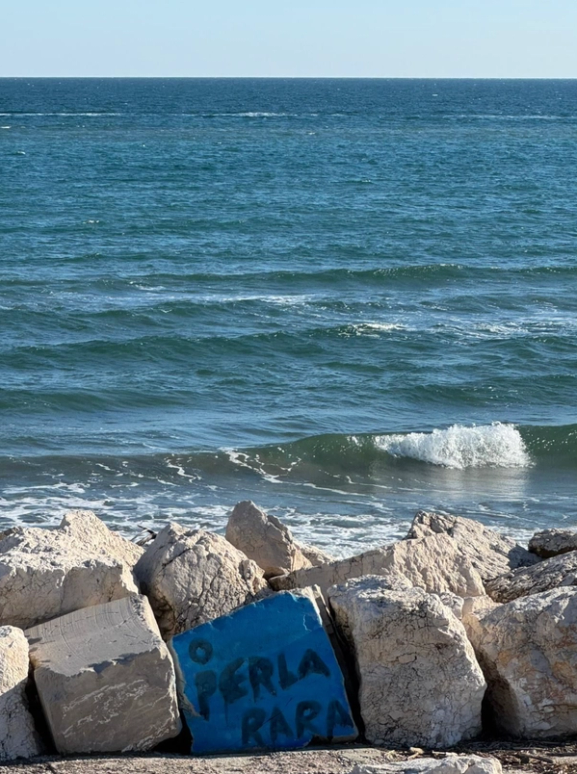 Blue ocean with a breaking wave, a clear sky above, and light-colored rocks in the foreground, one painted blue with the text "O PERLA RARA".