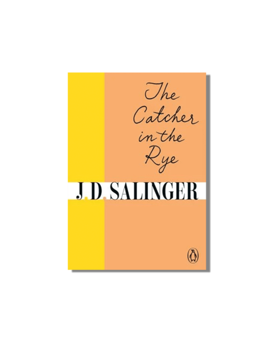 Book cover of J.D. Salinger's 'The Catcher in the Rye', featuring peach and yellow sections with black text.