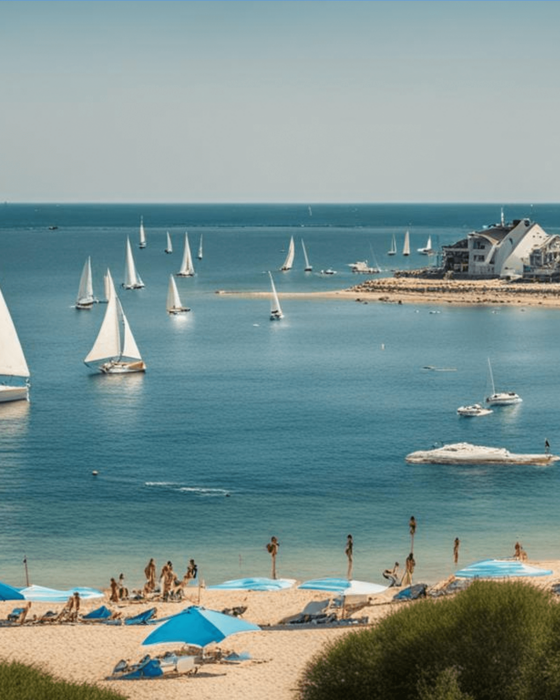 A sunny bay with numerous sailboats, a sandy beach with people and umbrellas, and a building on a rocky shore.