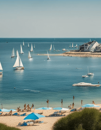 A sunny bay with numerous sailboats, a sandy beach with people and umbrellas, and a building on a rocky shore.