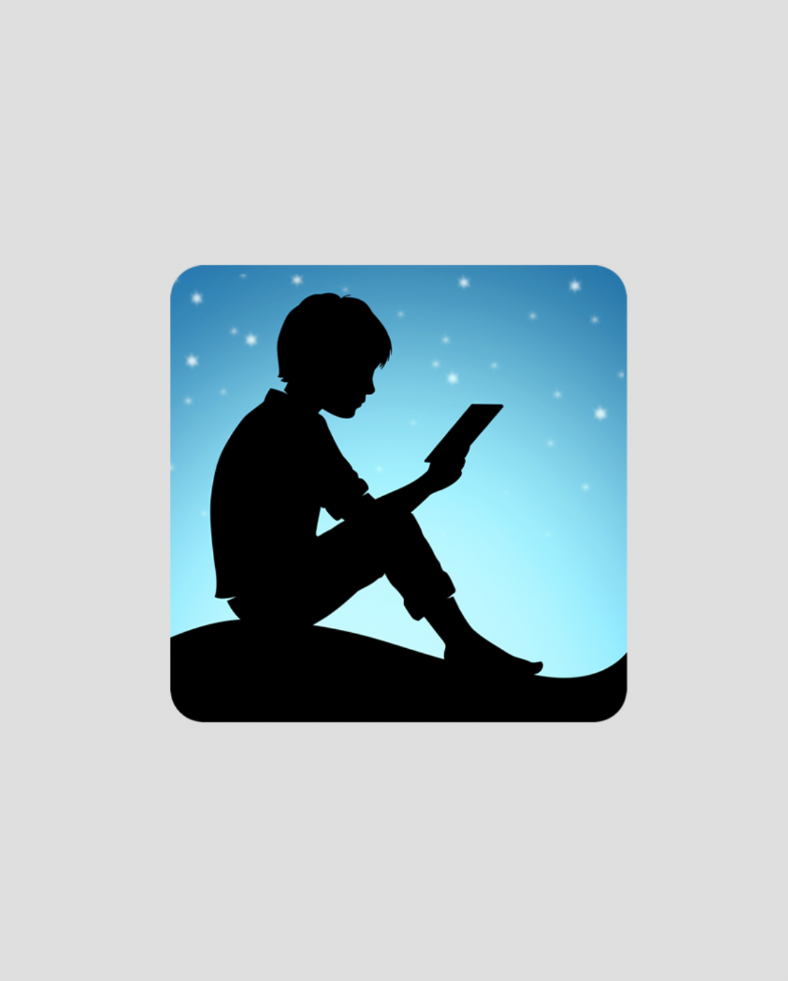 Silhouette of a person reading an e-reader under a starry blue sky.