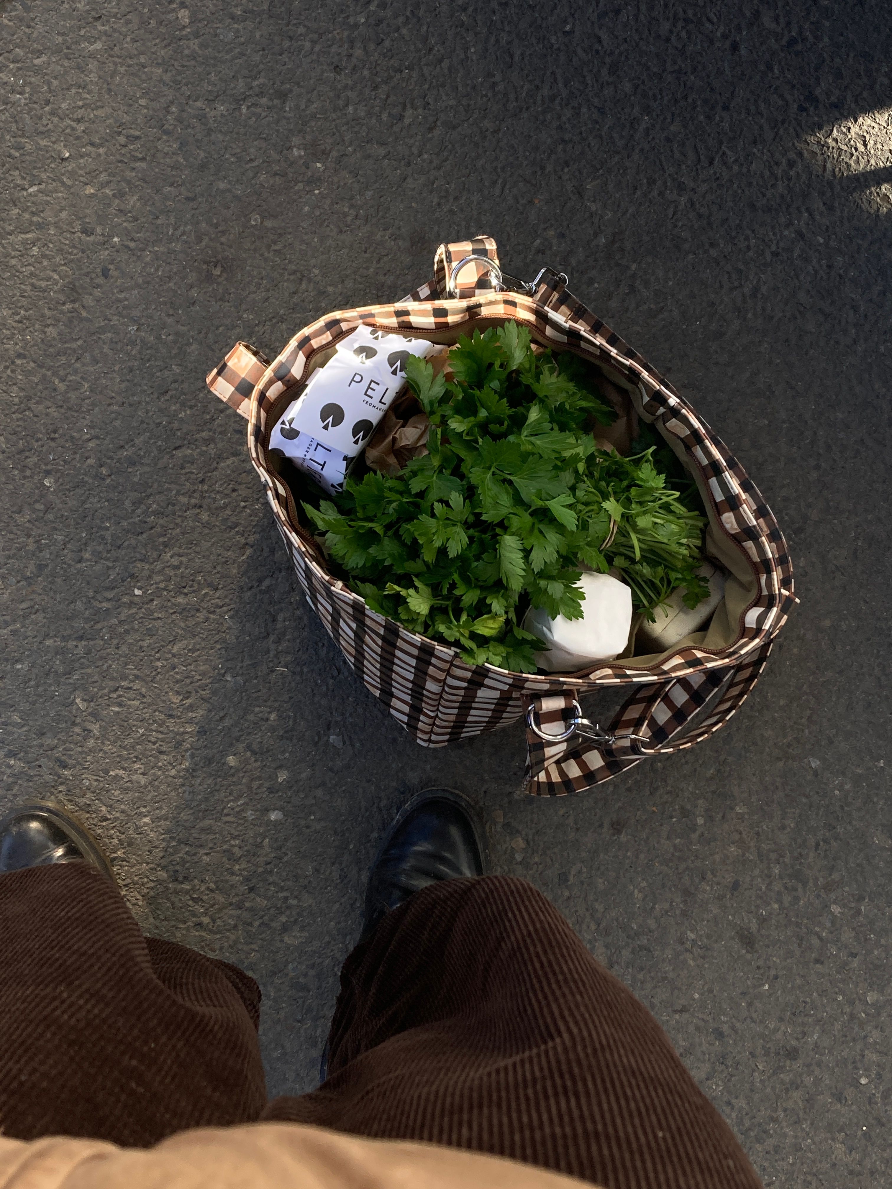 Feet in brown corduroy pants next to a plaid tote bag filled with parsley and groceries on pavement.