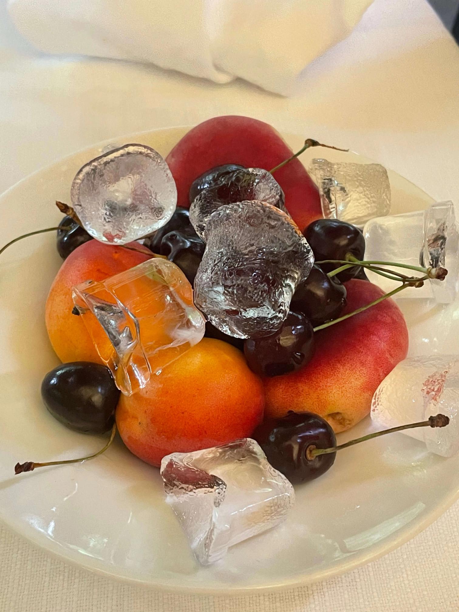 A white bowl filled with apricots, nectarines, and dark cherries mixed with ice cubes.