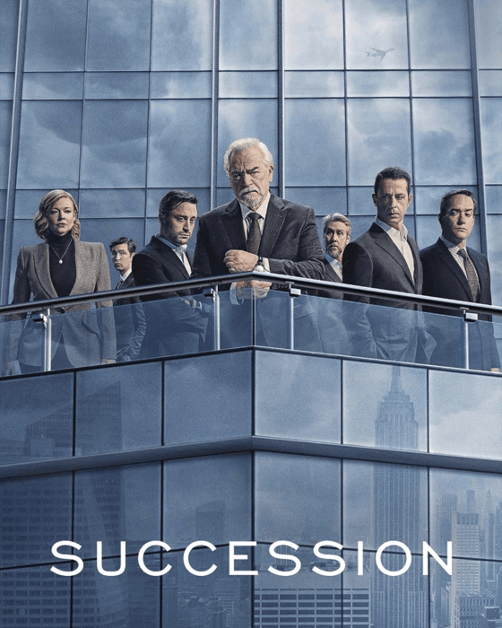 The main cast of Succession stands on a glass balcony of a modern skyscraper overlooking a city, with the show's title at the bottom.