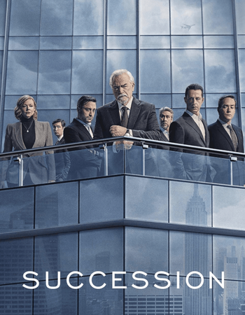 The main cast of Succession stands on a glass balcony of a modern skyscraper overlooking a city, with the show's title at the bottom.