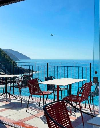 A cafe patio with red and black chairs overlooks a vibrant blue ocean and distant green coastline under a clear sky, with a bird flying overhead.