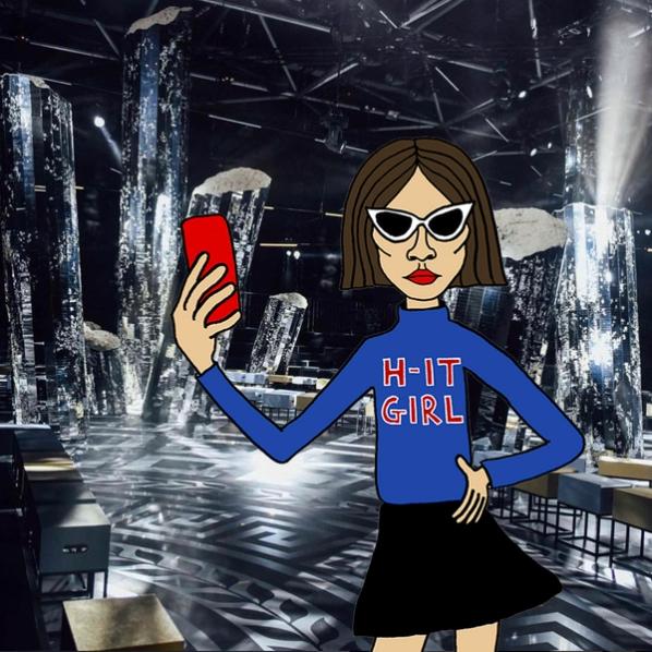 Cartoon woman in white sunglasses and "H-IT GIRL" shirt taking a selfie in a dark, futuristic room with reflective pillars.