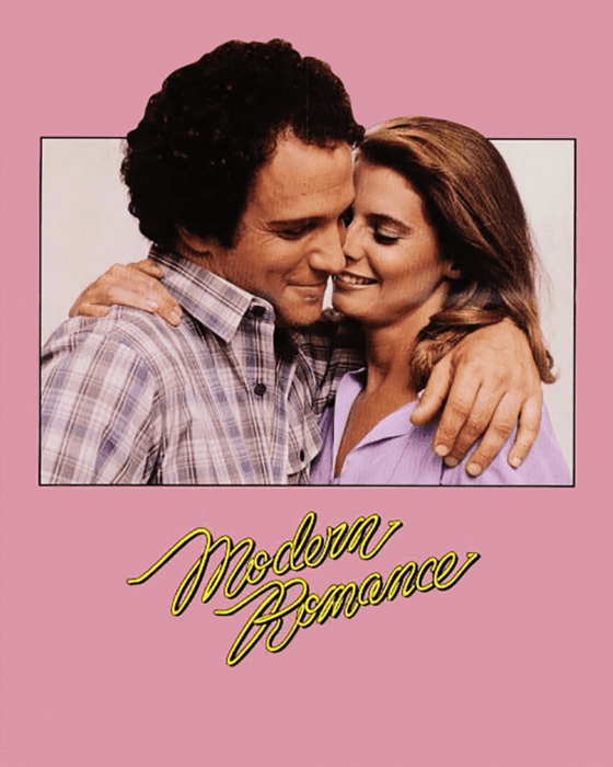 Movie poster for Modern Romance showing a smiling man and woman embracing, on a pink background.