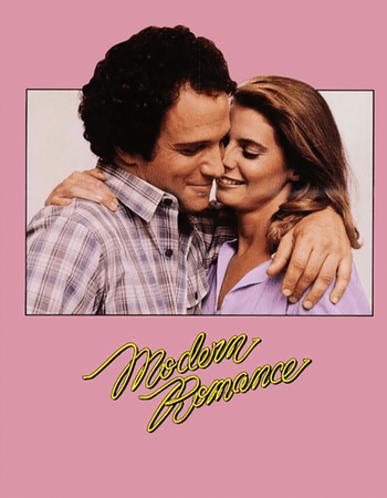 Movie poster for Modern Romance showing a smiling man and woman embracing, on a pink background.