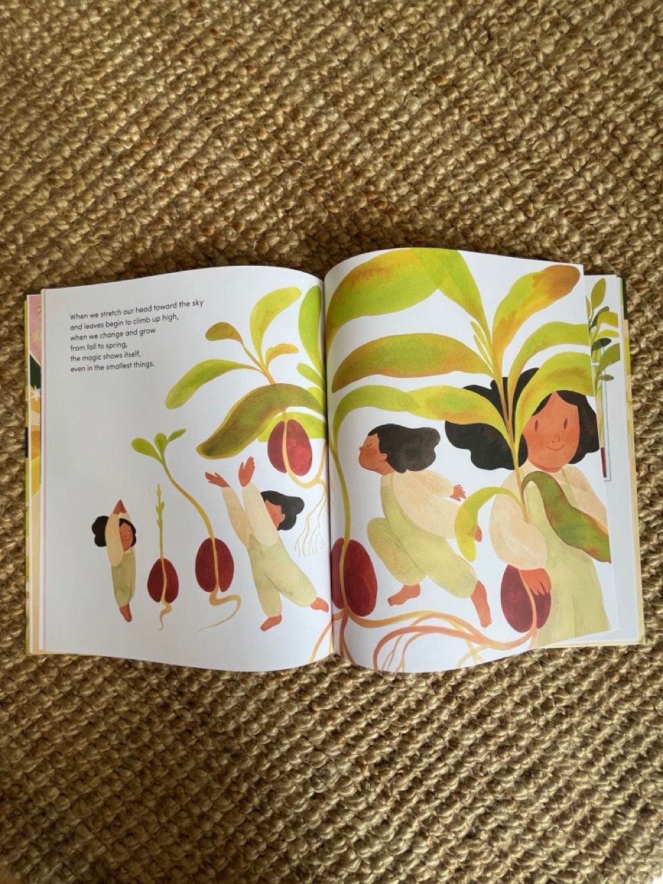 Open children's book showing colorful illustrations of people and large seeds growing into plants, on a woven mat.