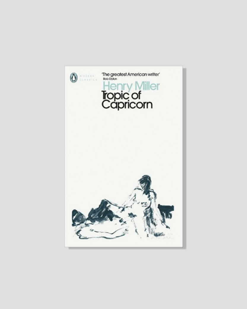 White book cover for Henry Miller's 'Topic of Capricorn,' featuring a dark, stylized sketch of a reclining figure.