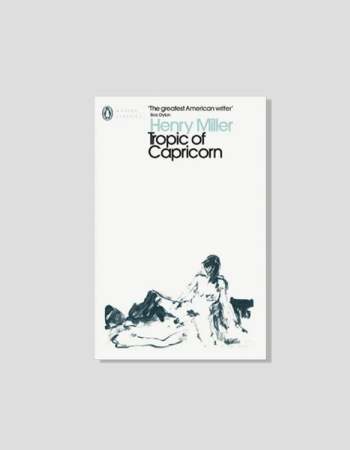 White book cover for Henry Miller's 'Topic of Capricorn,' featuring a dark, stylized sketch of a reclining figure.
