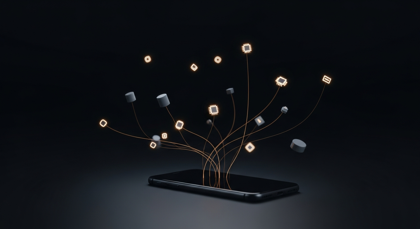 Abstract dark scene of message nodes branching into connected tool and data service nodes — a Slack bot wired to real systems