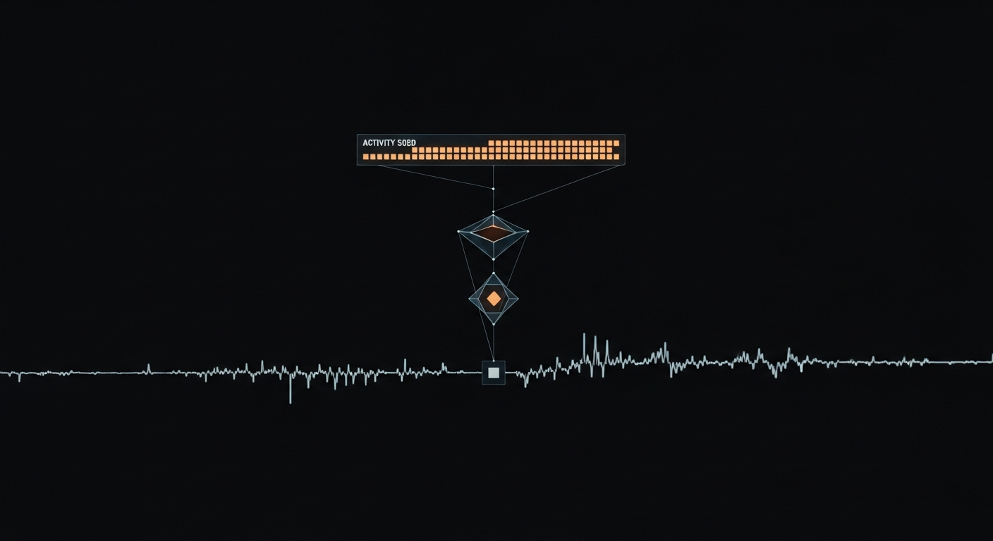 AI agent monitoring: real-time activity feed with risk levels — dark cinematic abstract showing event stream, risk-scoring node, and activity feed panel