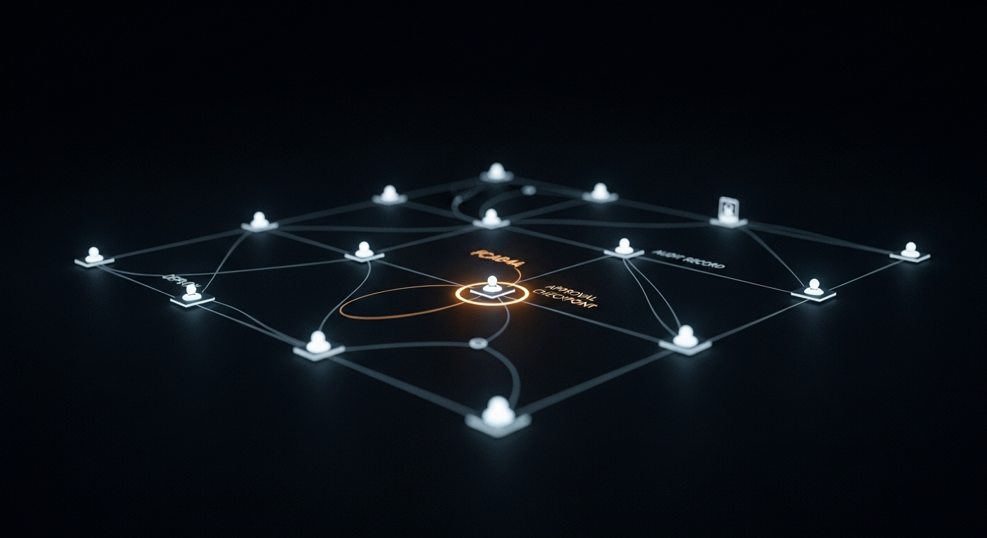 AgentOps lifecycle: AI agent control plane with monitoring, approval gates, and audit nodes on dark background