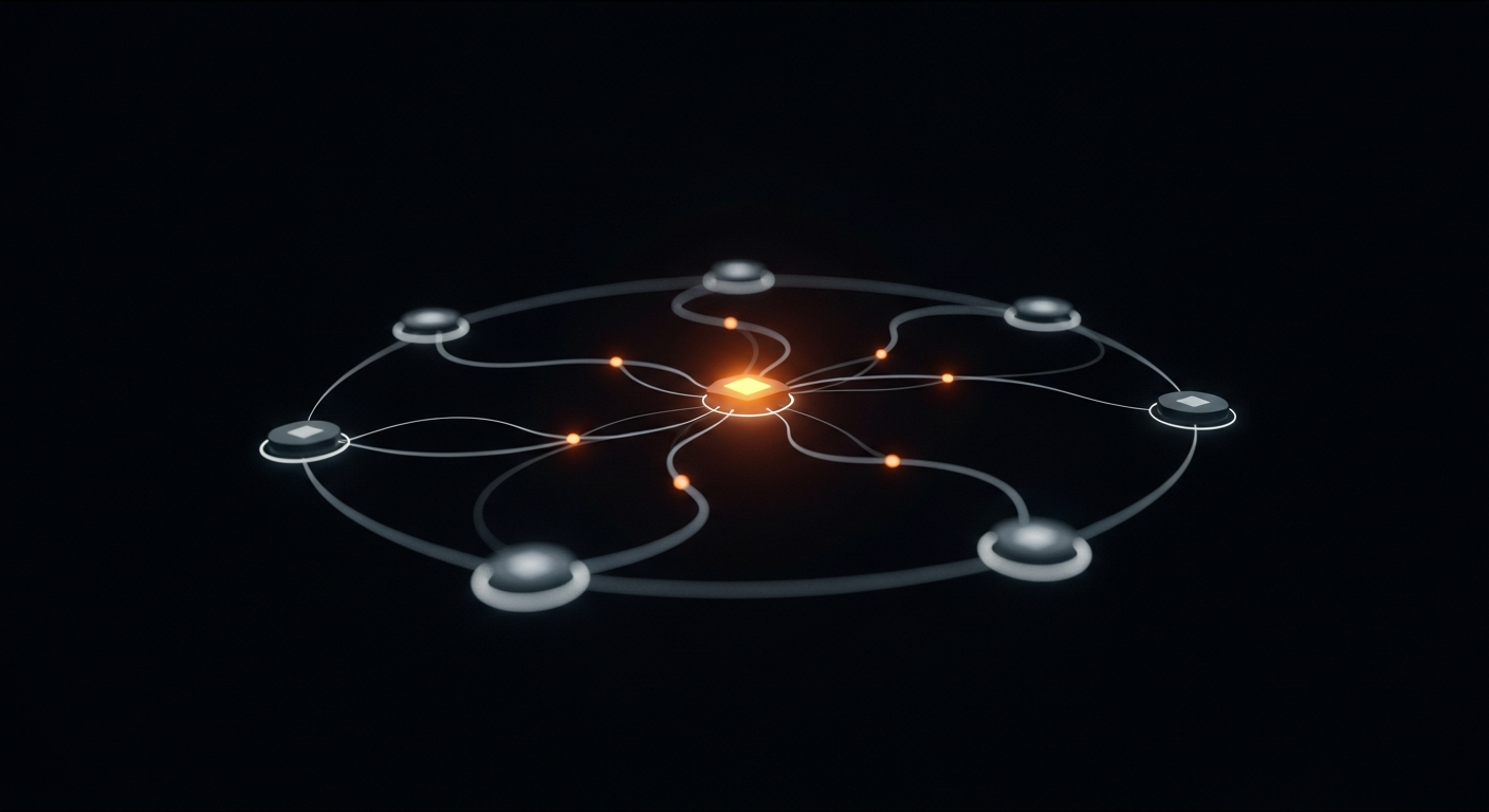 Autonomous AI agent loop: central reasoning node connected to tool nodes in a dark editorial scene with amber accents