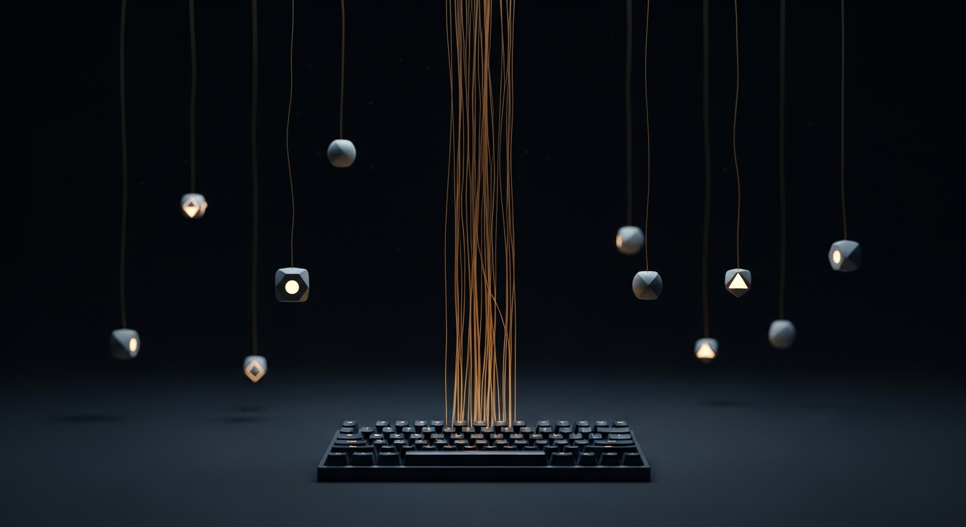 Abstract dark scene of one input branching into many connected service nodes — building a bot that connects to your tools