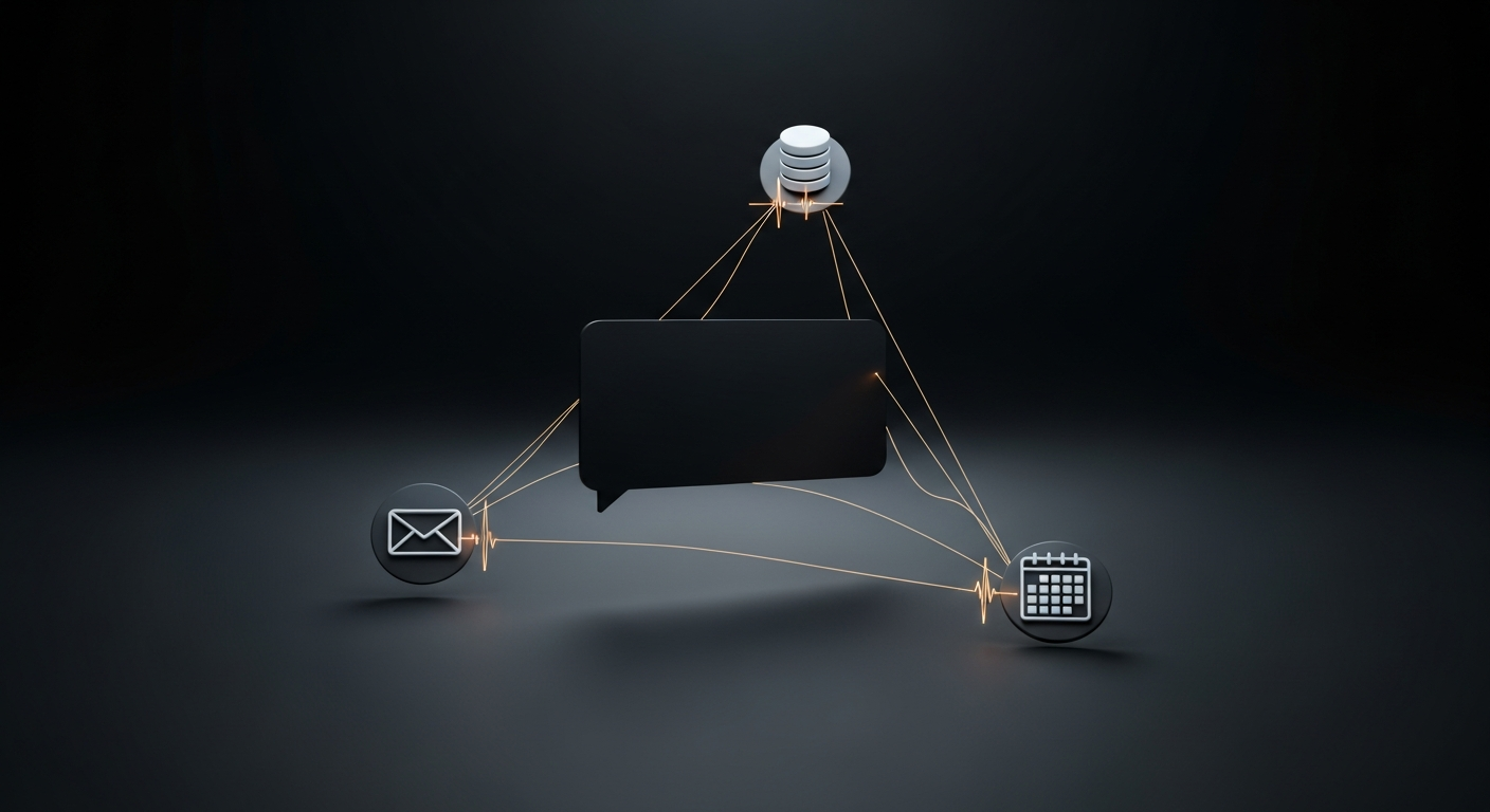 AI chatbot connected by light-threads to database, calendar, and email tool-nodes — MCP orchestration in a single visual