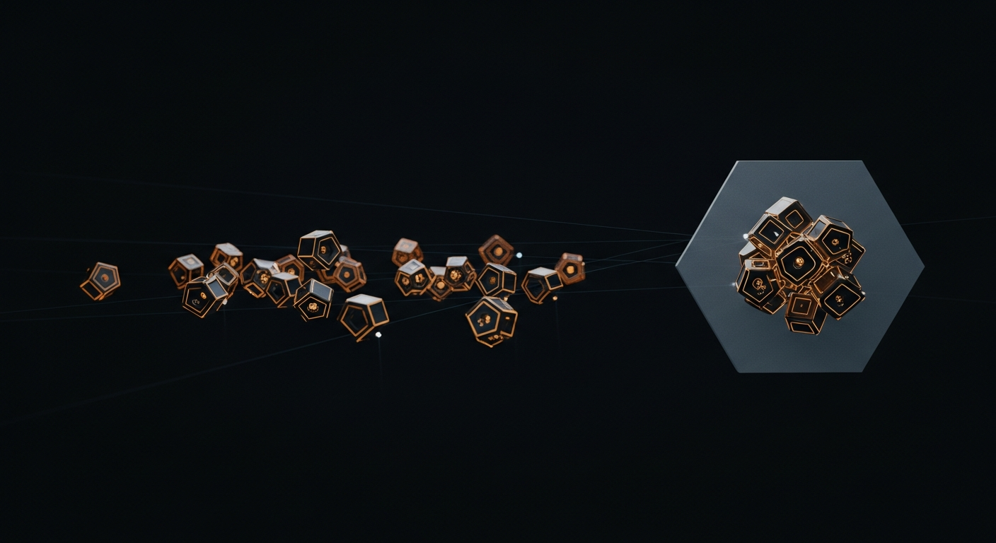 Dark abstract network scan beams sweeping a field of glowing amber nodes, most unprotected, one cluster shielded
