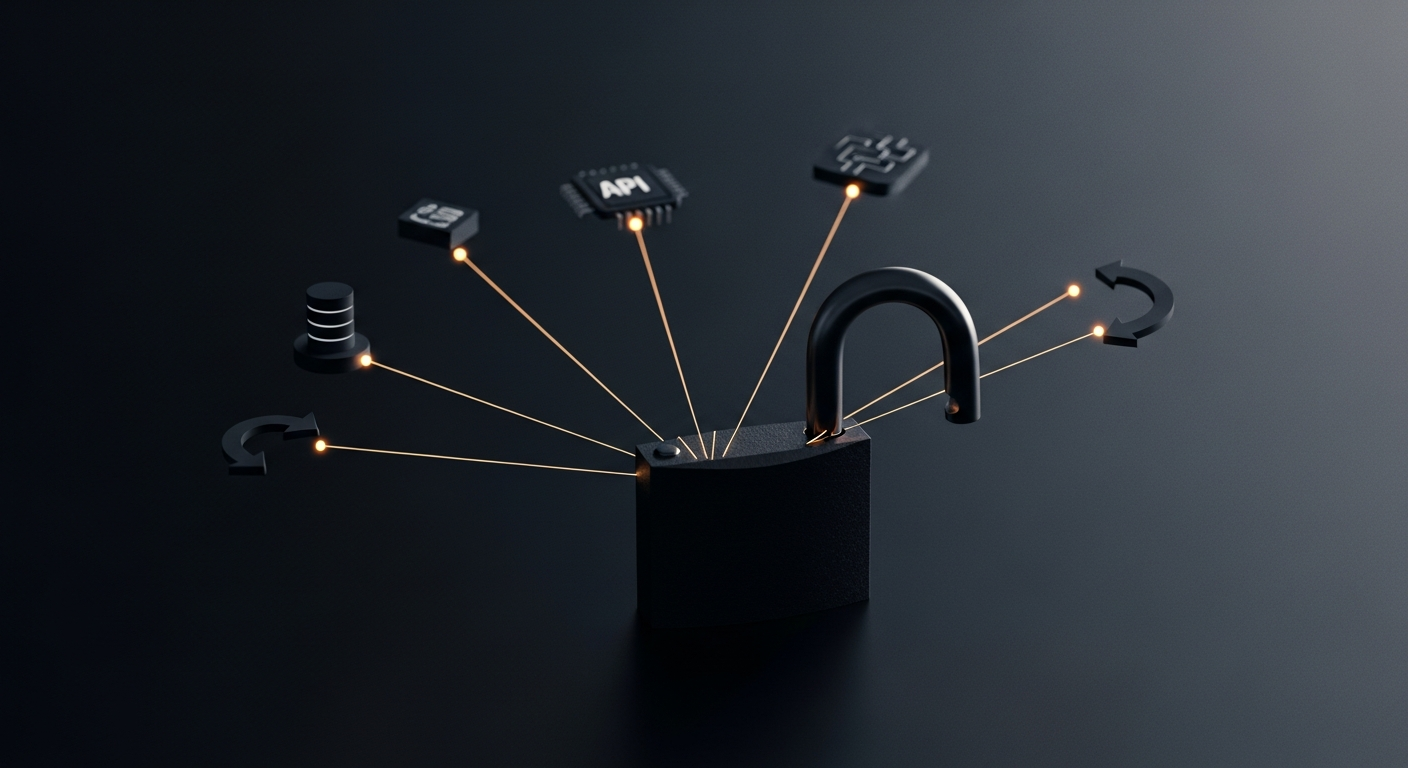 Abstract dark security scene — a glowing lock with amber light radiating outward to connected network nodes, suggesting AI agent permissions and access control