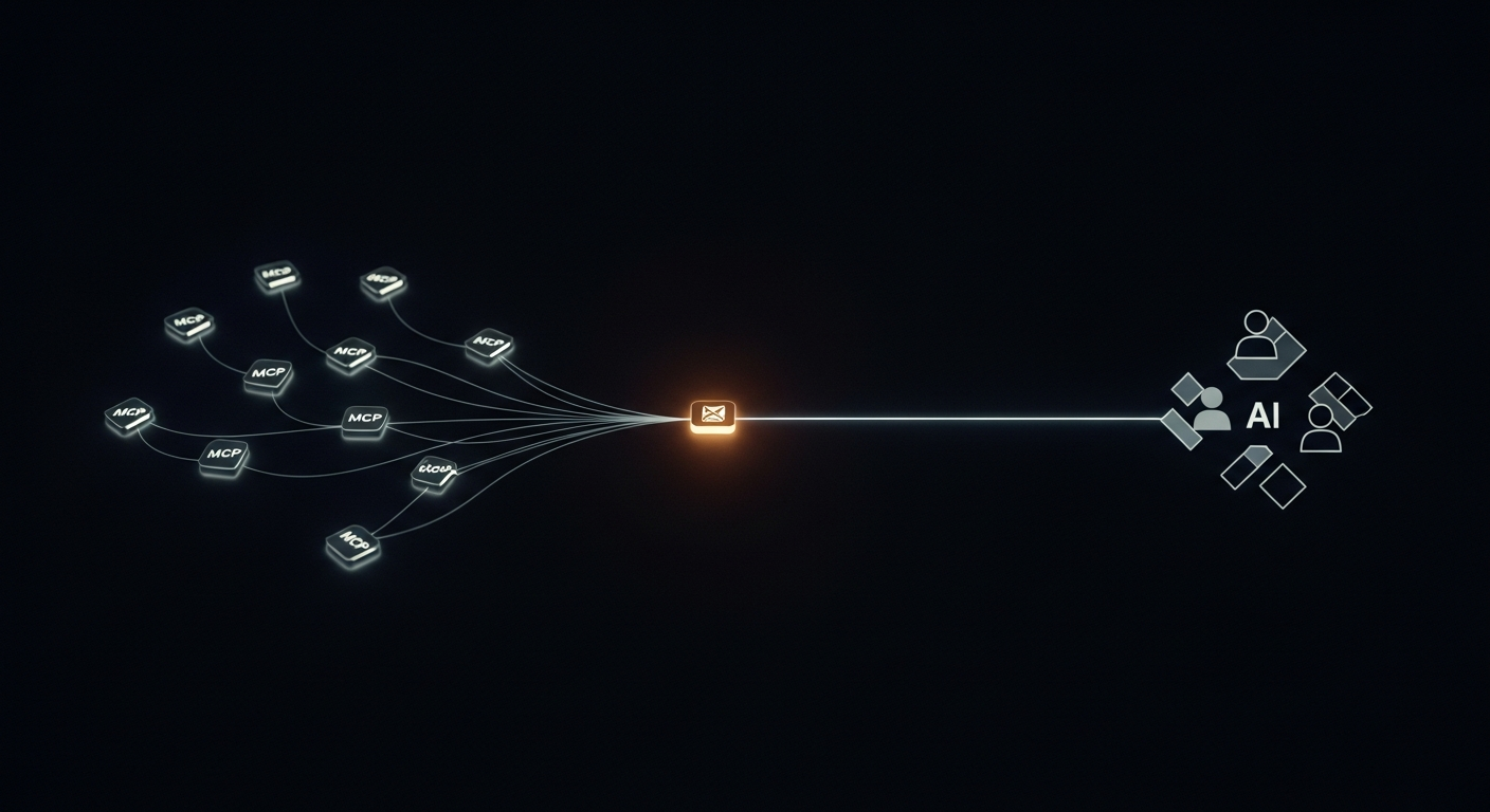 Multiple MCP server nodes connected through a single amber gateway node to AI clients — the MCP gateway architecture