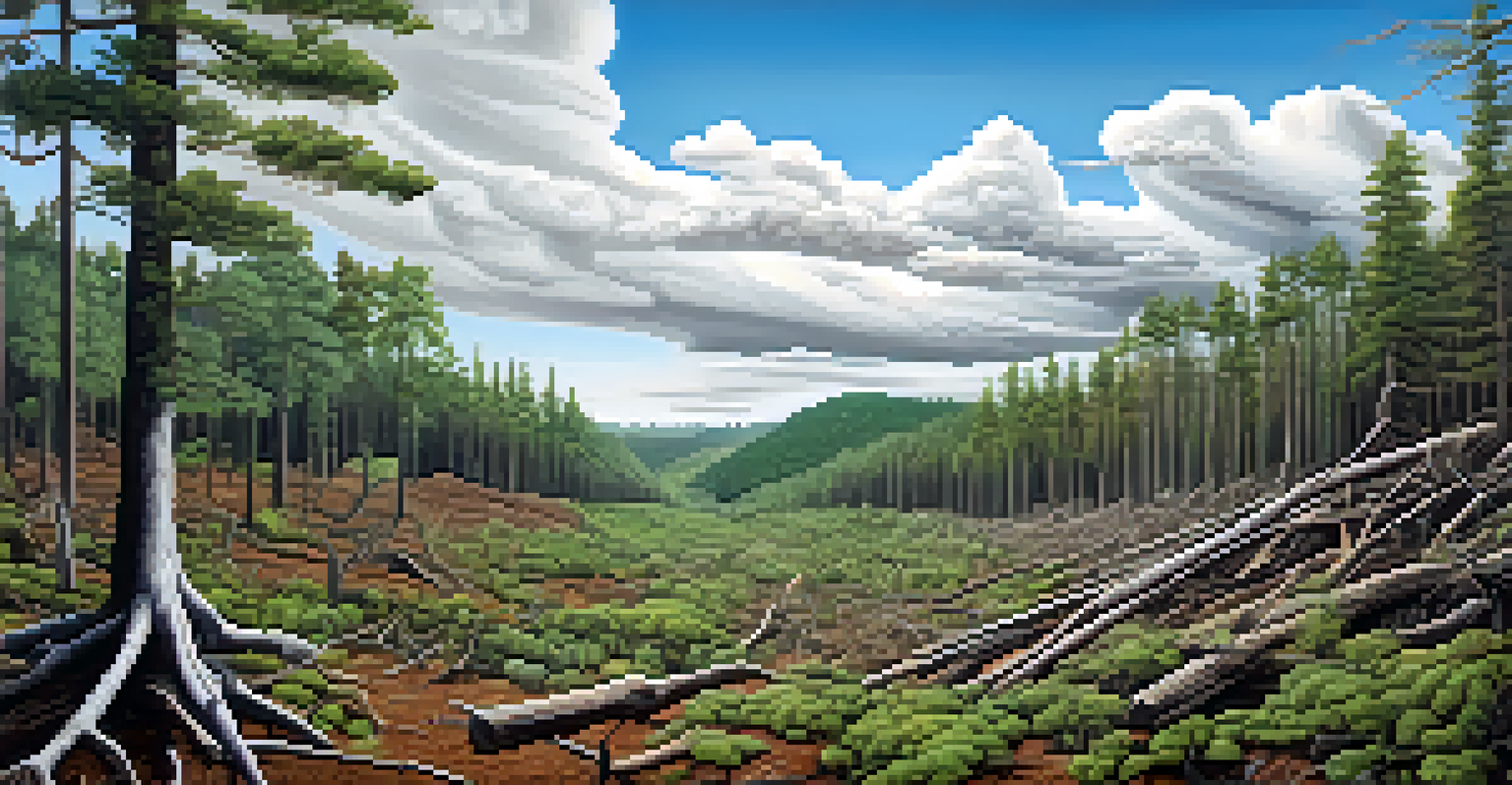 An illustration contrasting a thriving forest with a barren landscape affected by deforestation.