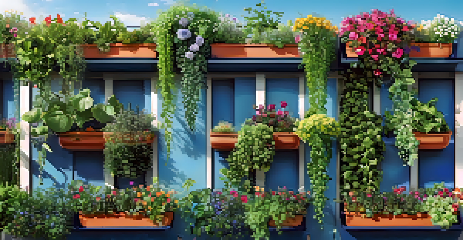 A vertical garden on a balcony featuring climbing plants and colorful flowers, set against a sunny sky.