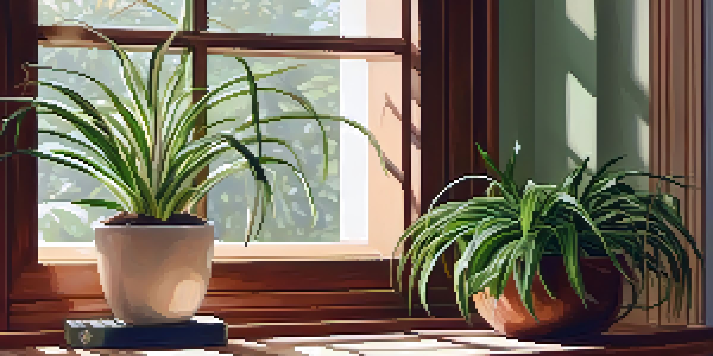 A cozy indoor setting with a spider plant on a wooden shelf, illuminated by soft natural light.